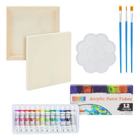 18 Piece 8X8 Canvas Painting Set With 12 Acrylic Paint Tubes 3 Brushes And 1 Palette Pack 18 Piece 8X8 Canvas Painting Set With 12 Acrylic Paint Tubes 3 Brushes And 1 Palette Pack