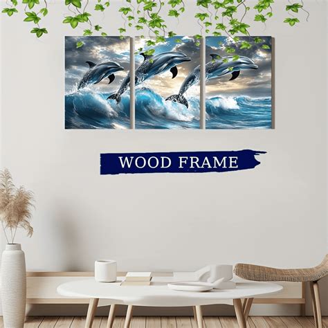 2D Flat Blue Dolphin Wall Art Wood Framed Marine Themed Canvas Print Turquoise Ocean Mural
