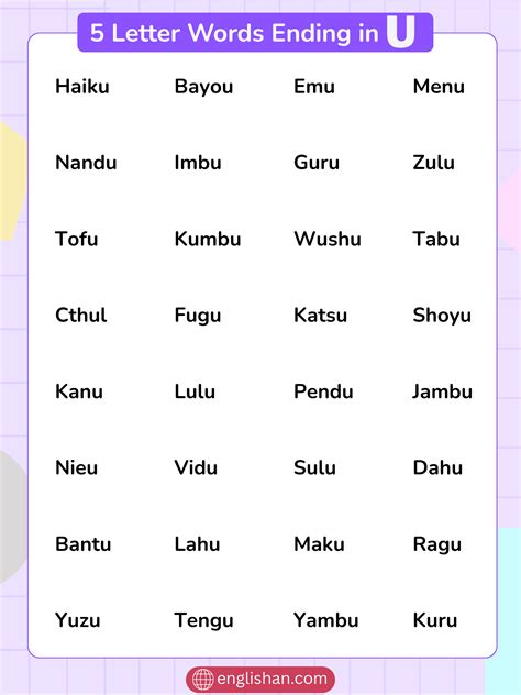 52 Five Letter Words Ending In U Foods And Animals