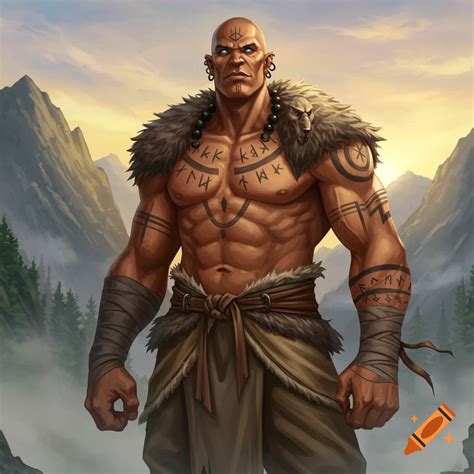 A Muscular Bald Male Goliath Monk With Glowing Blue Eyes And Runic Tattoos On His Chest And Arms Wearing Fur And Leather Clothing Stands In A Misty Mountain Landscape At Sunset On A Muscular Bald Male Goliath Monk With Glowing Blue Eyes And Runic Tattoos On His Chest And Arms Wearing Fur And Leather Clothing Stands In A Misty Mountain Landscape At Sunset On