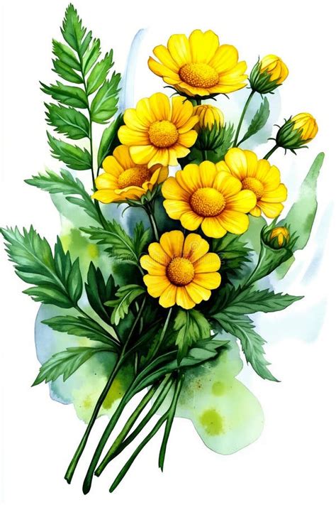 A Painting Of A Bunch Of Yellow Flowers With Green Leaves Stock Image Image Of Retro