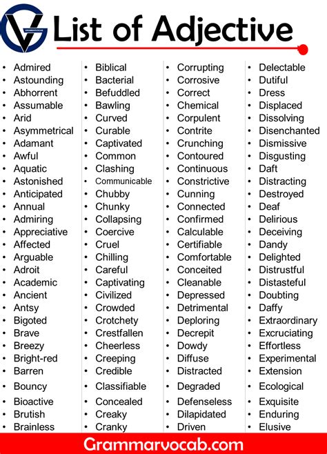 Adjective List Of Words Adjective List Of Words