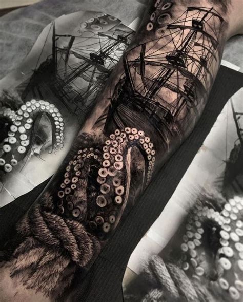 Almost Done With My Leg Sleeve Thoughts Ship Down To Octopus Done By Steven At Royal Flesh Tattoo Big Jellyfish On Calf Done By Dave At Lucky 7 Tattoo Sea Turtle And