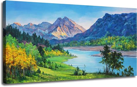 Amazon Com Ardemy Canvas Wall Art Nature Mountain Blue Stream Scenery Painting Landscape Green