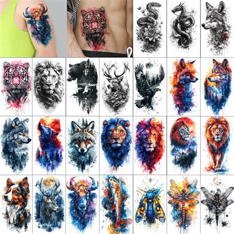 Amazon Com Glaryyears Temporary Tattoo For Men Adults 44 Pack Large Small Size Realistic Tattoos Long Lasting Fake Tattoo Stickers Cool Black Body Half Arm Tattoos Mountain Lion Wolf Tiger Halloween Cosplay Beauty