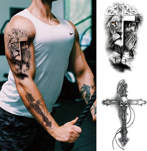 Amazon Com Realistic Cross Wing Temporary Tattoo For Men Large Half Sleeve Black Religious Holy God Jesus Fake Tattoo Tribal Adult Teen Christian Pray Hand Temp Tatoo Sticker Arm Chest Body Art