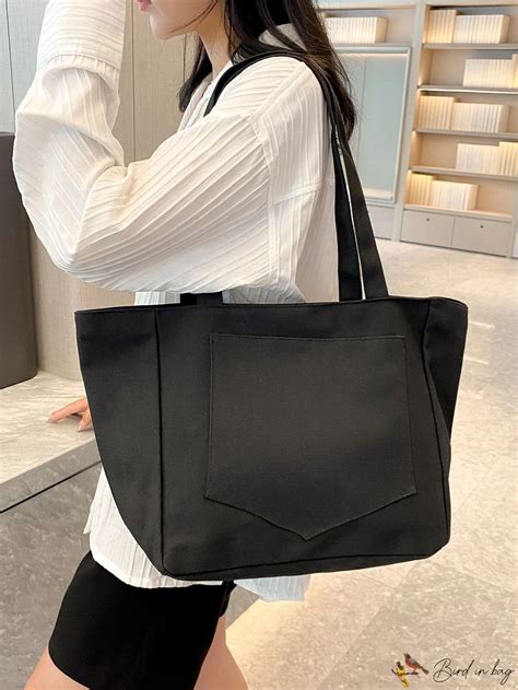 Birdinbag Modern Canvas Shoulder Tote Stylish School Bag For College Students Schwarze Birdinbag Modern Canvas Shoulder Tote Stylish School Bag For College Students Schwarze