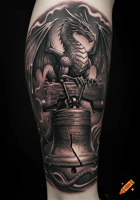 Black And Grey Tattoo Of A Detailed Dragon With Folded Wings Perched On The Cracked Liberty Bell On A Lower Leg On Craiyon