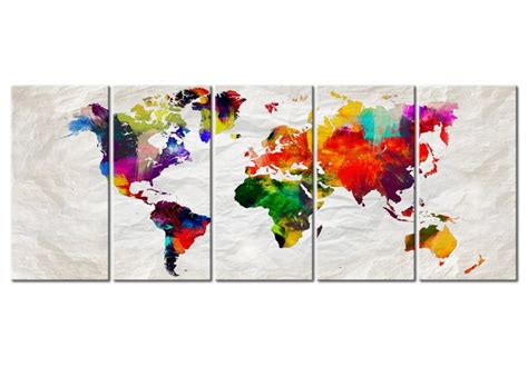 Canvas Art Print Crumpled Map 5 Piece Colorful World Map On Paper Background Map Canvas