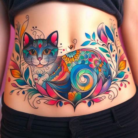 Cat Tattoo On Lower Stomach