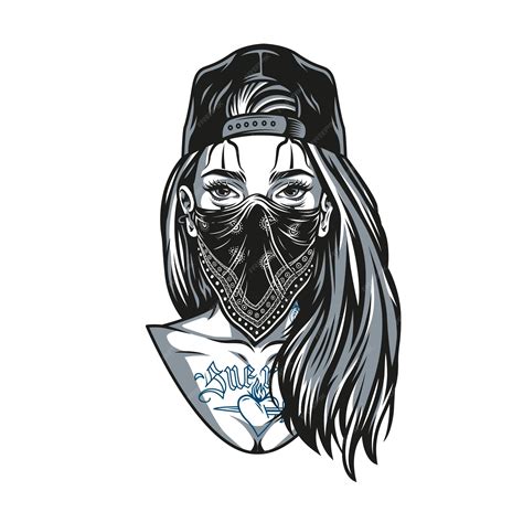 Chicano Girl With Tattoos And Long Hair Wearing Baseball Cap And Bandana In Vintage Monochrome Style Isolated Vector Illustration Premium Vector Chicano Girl With Tattoos And Long Hair Wearing Baseball Cap And Bandana In Vintage Monochrome Style Isolated Vector Illustration Premium Vector
