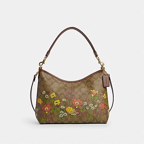 Coach Cr150 Laurel Shoulder Bag In Signature Canvas With Floral Print Gold Khaki Multi Coach Cr150 Laurel Shoulder Bag In Signature Canvas With Floral Print Gold Khaki Multi