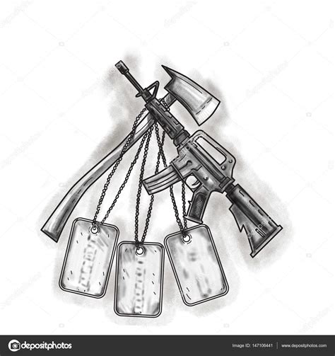 Crossed Fire Ax And M4 Rifle Dog Tags Tattoo Stock Illustration Illustration Of Firearm Assault 89216693