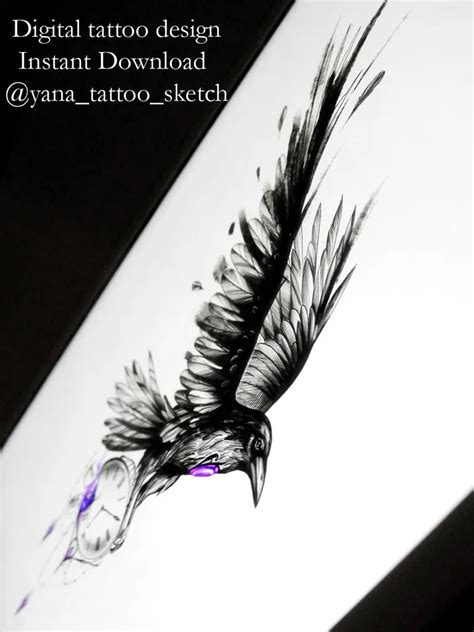 Crow Tattoo Design Raven Clock Tattoo Idea Stencil Drawing Instant Download Pdf Jpg Png 11