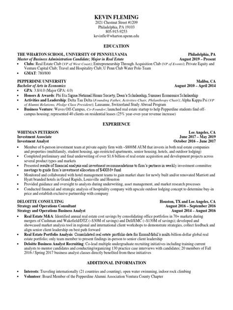 Cv Sample Of Wharton Format Pdf Mergers And Acquisitions Business