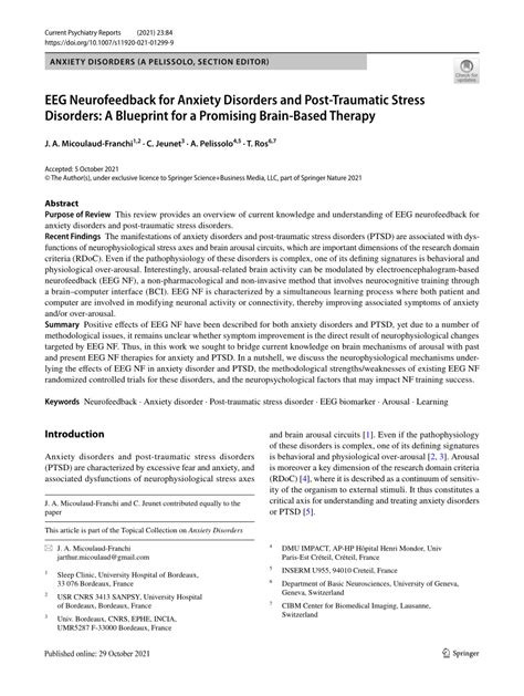 Eeg Neurofeedback For Anxiety Disorders And Post Traumatic Stress Disorders A Blueprint For A Promising Brain Based Therapy Current Psychiatry Reports Springer Nature Link Eeg Neurofeedback For Anxiety Disorders And Post Traumatic Stress Disorders A Blueprint For A Promising Brain Based Therapy Current Psychiatry Reports Springer Nature Link