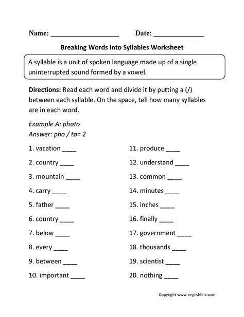 Englishlinx Com Syllables Worksheets