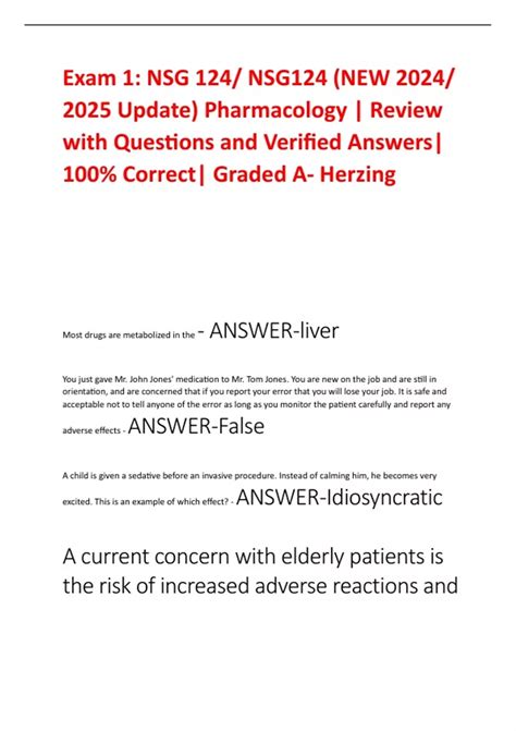 Exam 1 Nsg 124 Nsg124 New 2024 2025 Update Pharmacology Review With Questions And