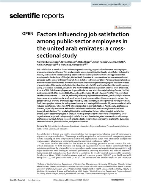 Factors Influencing Job Satisfaction Among Public Sector Employees In The United Arab Emirates A Cross Sectional Study Scientific Reports Factors Influencing Job Satisfaction Among Public Sector Employees In The United Arab Emirates A Cross Sectional Study Scientific Reports