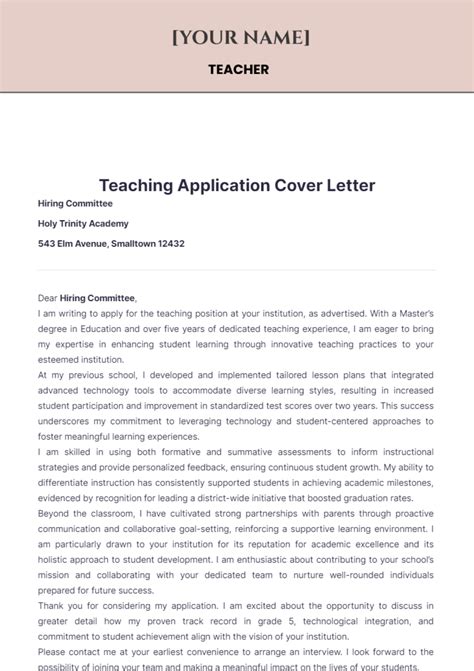 Free Teaching Application Cover Letter Template To Edit Online