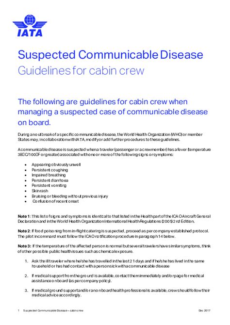 General Guidelines For Cabin Crew Suspected Communicable Disease Dec 2017 Skybrary