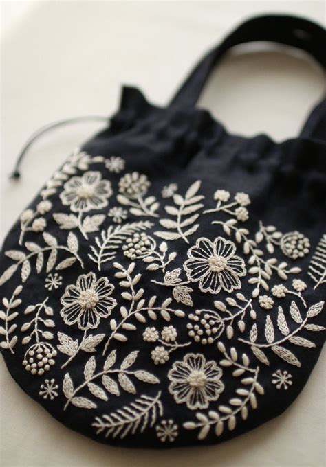 Handmade Embroidered Bag With White Flowers Handmade Embroidered Bag With White Flowers