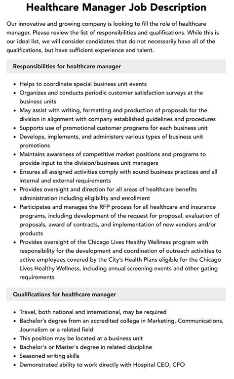 Healthcare Manager Job Description Velvet Jobs Healthcare Manager Job Description Velvet Jobs