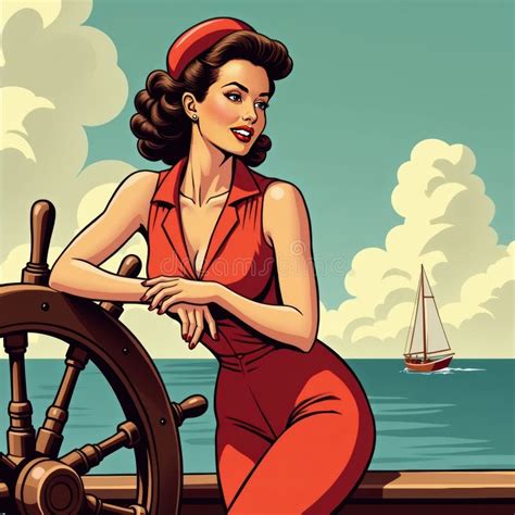 Illustration Of A Classic Pin Up Girl Steering A Sailboat In Retro Style Stock Illustration Illustration Of A Classic Pin Up Girl Steering A Sailboat In Retro Style Stock Illustration