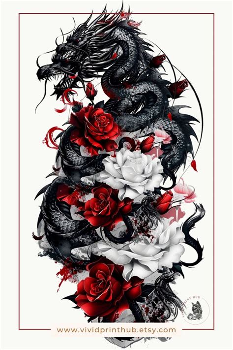 Japanese Dragon Tattoo Design With Roses Etsy Japanese Dragon Tattoo Design With Roses Etsy
