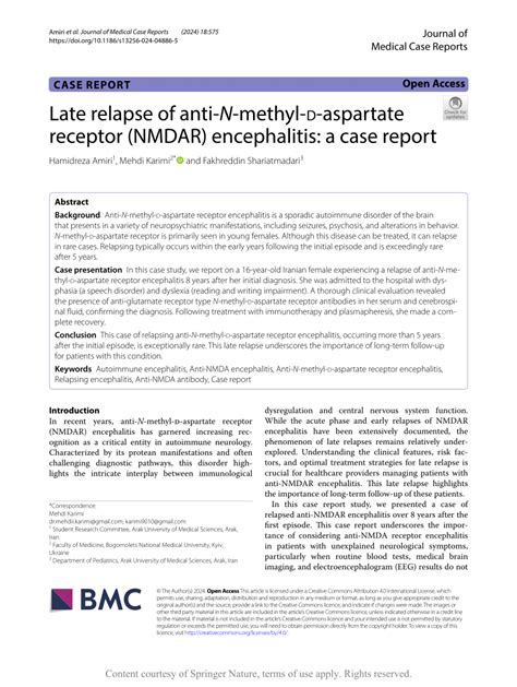 Late Relapse Of Anti N Methyl D Aspartate Receptor Nmdar Encephalitis A Case Report Journal Of Medical Case Reports Springer Nature Link Late Relapse Of Anti N Methyl D Aspartate Receptor Nmdar Encephalitis A Case Report Journal Of Medical Case Reports Springer Nature Link