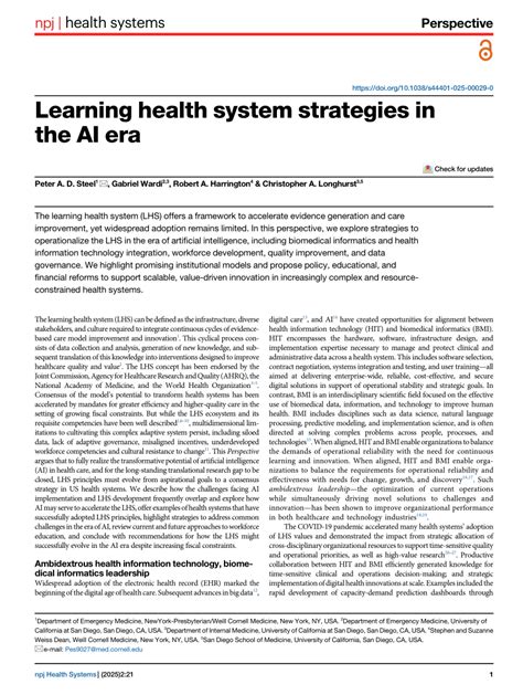 Learning Health System Strategies In The Ai Era Npj Health Systems