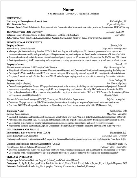 Master S Student Resume Samples Career Services University Of Pennsylvania Master S Student Resume Samples Career Services University Of Pennsylvania