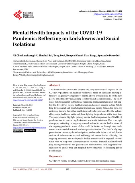 Mental Health Impacts Of The Covid 19 Pandemic Reflecting On Lockdowns And Social Isolations