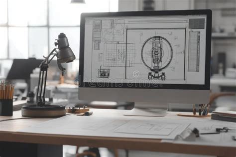 Modern Engineering Desk With Large Monitor Displaying Technical Drawings And Workspace