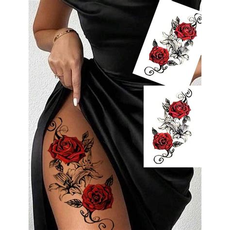 One Piece Of Red Temporary Rose Flower Tattoo Stickers For And Legs Featuring A Stripper Chest And Thigh Design Waterproof Ideal For Women One Piece Of Red Temporary Rose Flower Tattoo Stickers For And Legs Featuring A Stripper Chest And Thigh Design Waterproof Ideal For Women