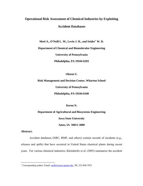 Pdf Operational Risk Assessment Of Chemical Industries By Opim Wharton Upenn Edu Risk Pdf Operational Risk Assessment Of Chemical Industries By Opim Wharton Upenn Edu Risk