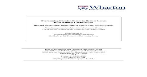 Pdf Overcoming Decision Biases To Reduce Losses From Natural Opim Wharton Upenn Edu Risk
