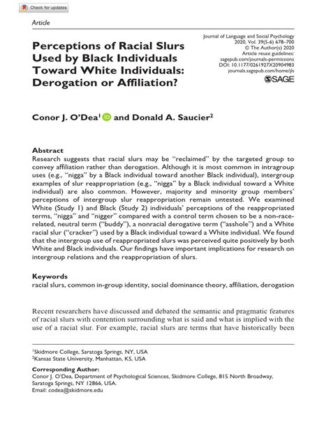 Perceptions Of Racial Slurs Used By Black Individuals Toward White Individuals Derogation Or Affiliation Conor J O Dea Donald A Saucier 2020 Perceptions Of Racial Slurs Used By Black Individuals Toward White Individuals Derogation Or Affiliation Conor J O Dea Donald A Saucier 2020