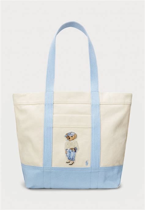 Polo Ralph Lauren Polo Bear Canvas Medium Tote Tote Bag Ecru Carolina Blue Off White