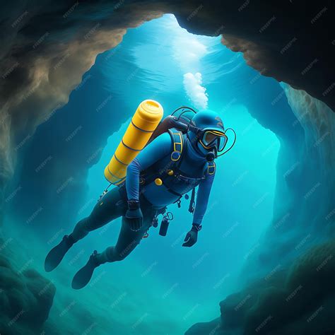 Premium Ai Image Scuba Deep Sea Diver Swimming In A Deep Ocean Cavern Underwater Exploration