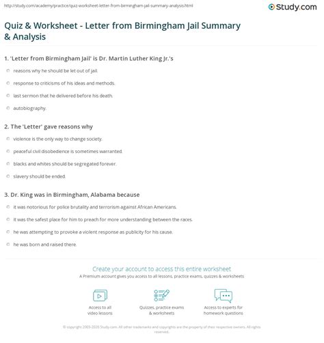 Quiz Worksheet Letter From Birmingham Jail Summary Analysis Study Com