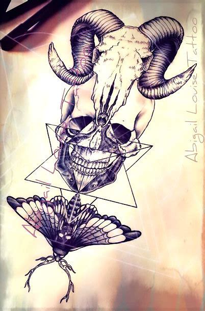 Ram Skull Human Skull And Death Moth Tattoo Design