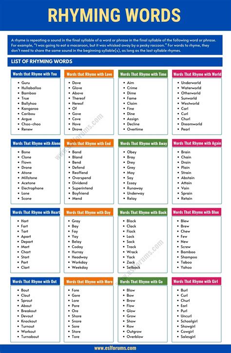 Rhyming Words List For Kids Rhyming Words List For Kids