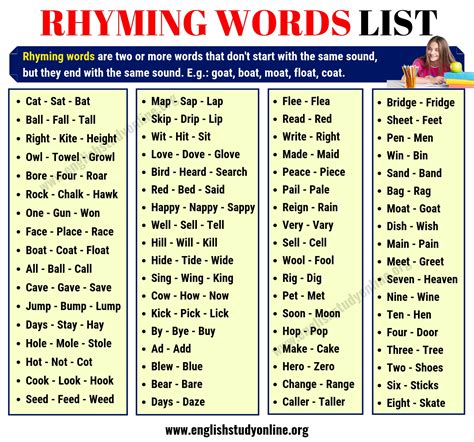 Rhyming Words List Of 70 Interesting Words That Rhyme Rhyming Words List Of 70 Interesting Words That Rhyme