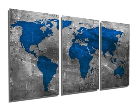 Sapphire Blue World Map Canvas Print Wall Art 3 Panel Split Triptych 45X30 Contemporary