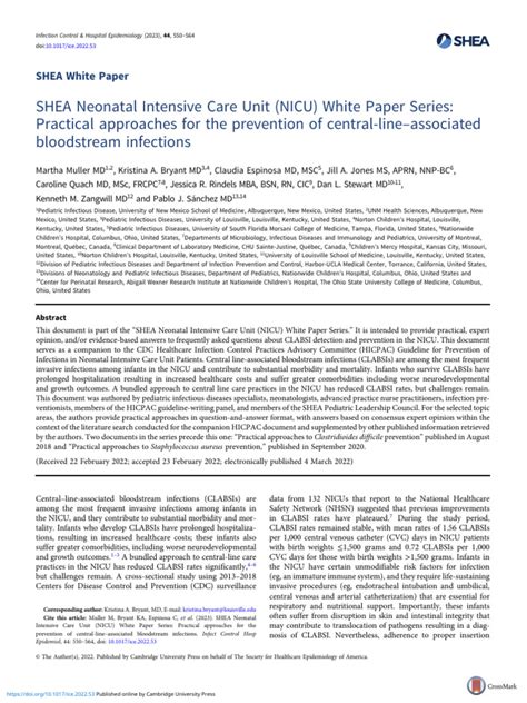 Shea Neonatal Intensive Care Unit Nicu White Paper Series Practical Approaches For The Prevention Of Central Line Associated Bloodstream Infections Infection Control Hospital Epidemiology Cambridge Core