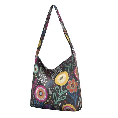 Sketch Style Canvas Shoulder Bag Bohemian Tribal Tote With Vintage Floral Design Eco Friendly
