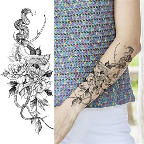 Snake Floral Temporary Tattoo Sexy Serpent With Leaves Line Art Larg Frenzy Flare