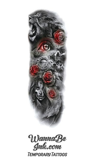 Sugar Skull Woman Roses Time Skulls Lion Roaring Temporary Sleeve Tattoos Wannabeink Com
