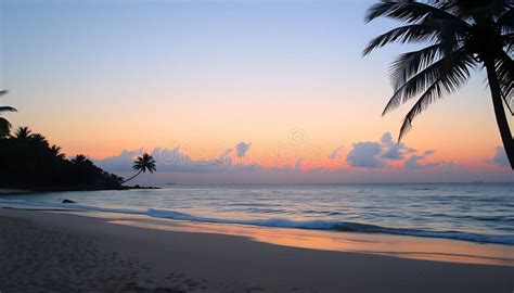 Sunset Beach Palm Silhouettes Tropical Evening Coastal Beauty Island Vibe Stock Photo